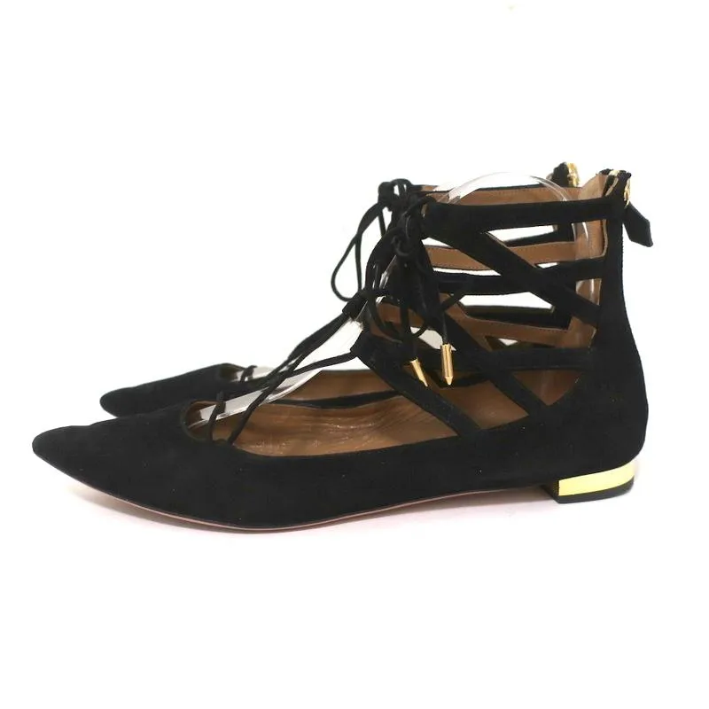 Aquazzura Belgravia Lace-Up Flats Black Cutout Suede Size 39 Pointed Toe