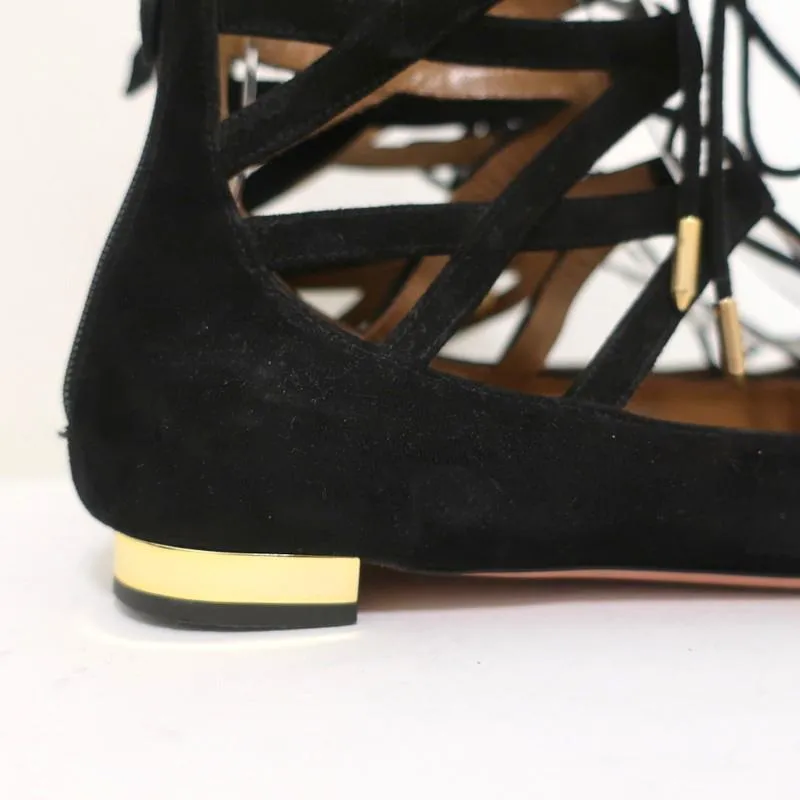 Aquazzura Belgravia Lace-Up Flats Black Cutout Suede Size 39 Pointed Toe
