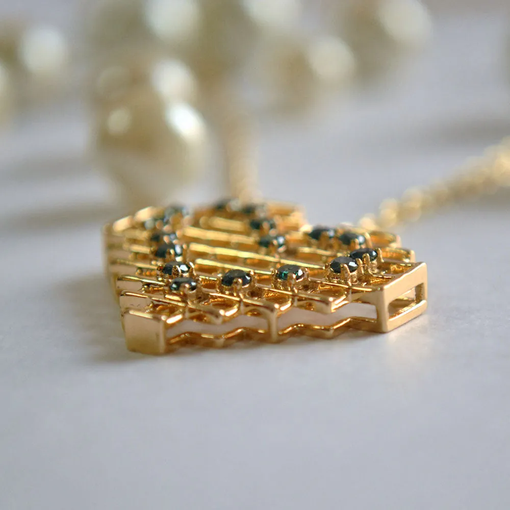 Asymmetric Solid Gold Pixel Heart Pendant Necklace with Green Diamonds