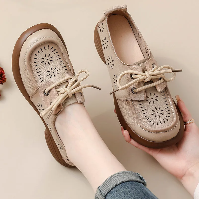 Babakud Summer Retro Genuine Leather Hollow Platform Slip-ons