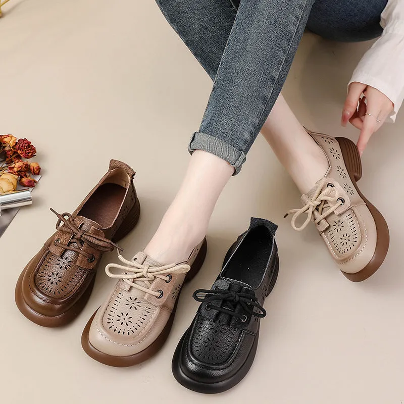 Babakud Summer Retro Genuine Leather Hollow Platform Slip-ons