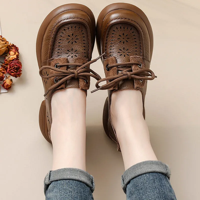 Babakud Summer Retro Genuine Leather Hollow Platform Slip-ons