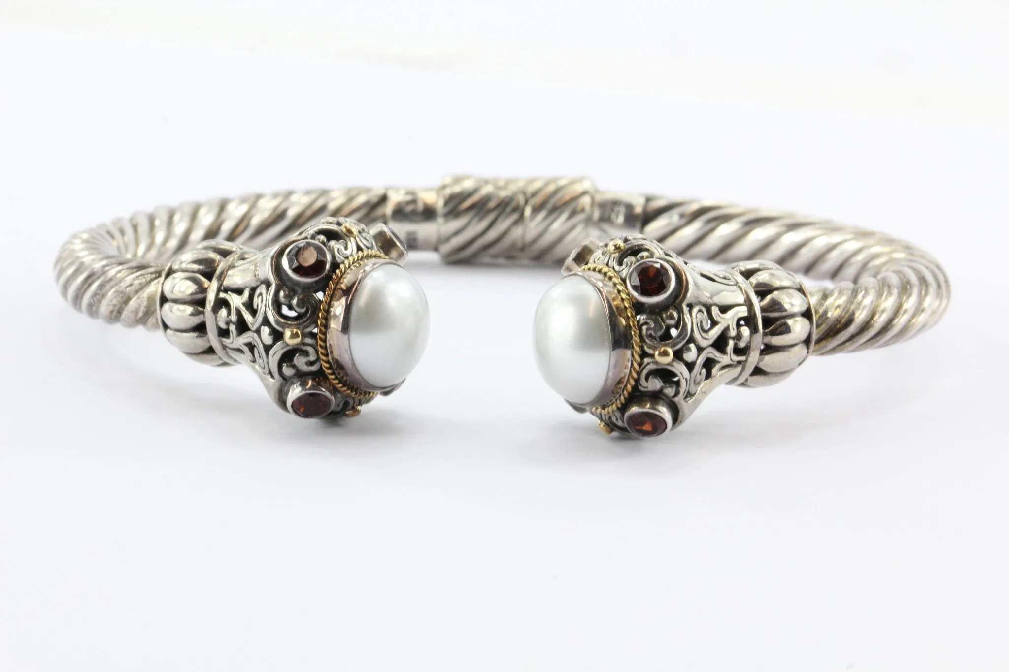 Bali Designs Robert Manse Sterling Silver 18K Pearl Garnet Cable Cuff Bracelet