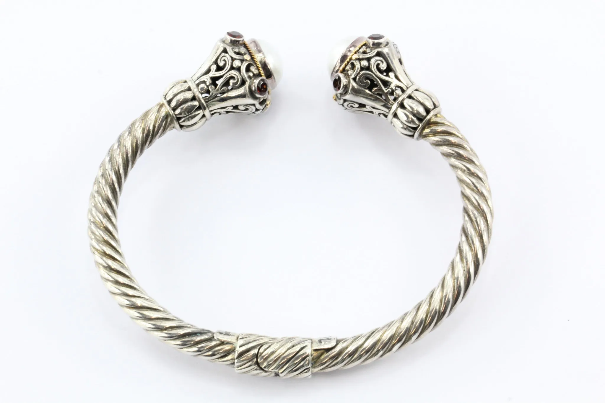 Bali Designs Robert Manse Sterling Silver 18K Pearl Garnet Cable Cuff Bracelet