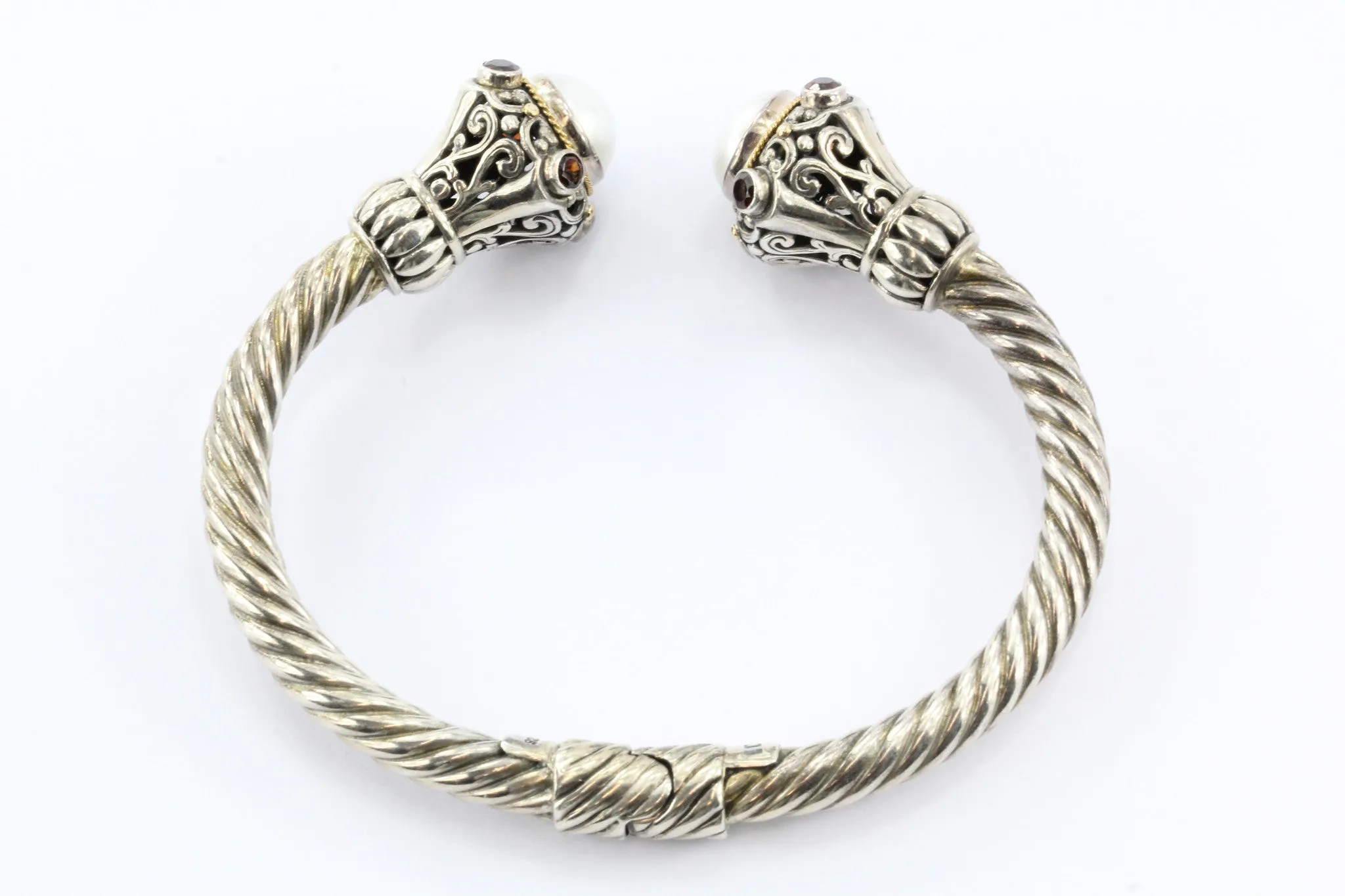 Bali Designs Robert Manse Sterling Silver 18K Pearl Garnet Cable Cuff Bracelet