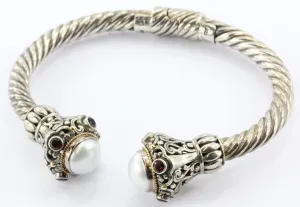 Bali Designs Robert Manse Sterling Silver 18K Pearl Garnet Cable Cuff Bracelet
