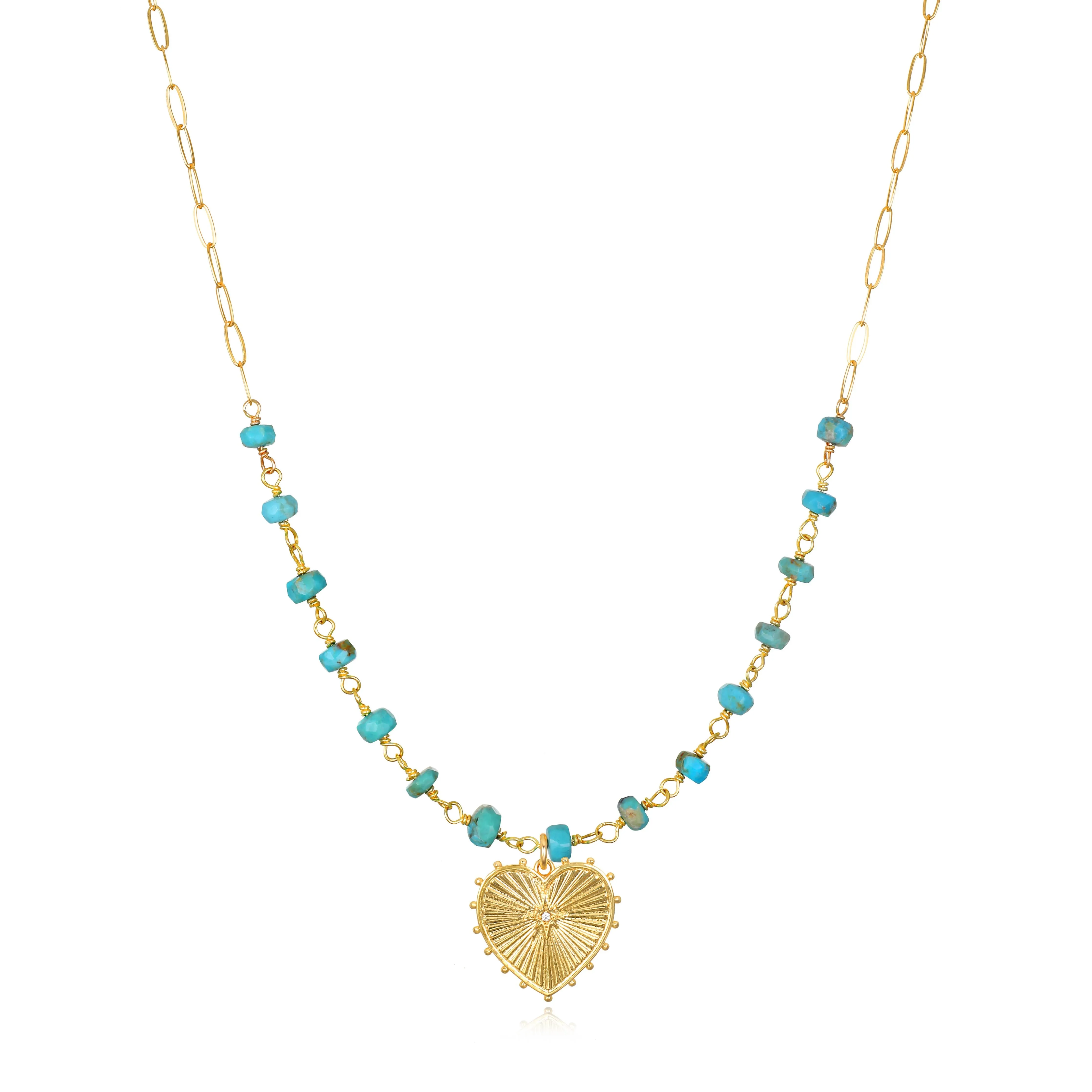 Beaded Heart Paperclip Necklace-Turquoise