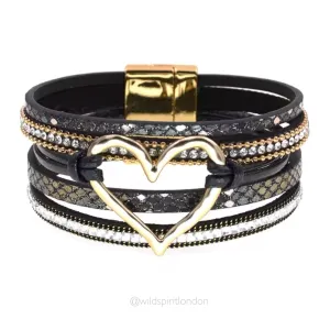 Black Layered Heart Cuff Bracelet