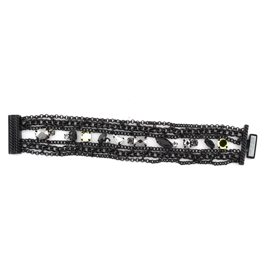Black Metal Chain Wrap-Around Bracelet with Yellow, Clear, and Black Faceted Stones #256BK2201 (1D8)