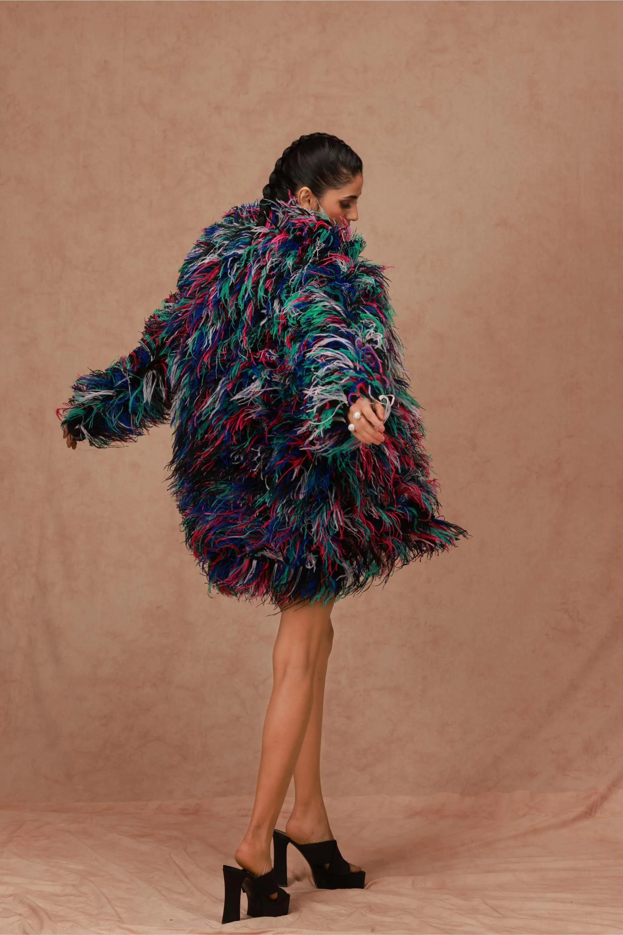 Black Multicolor Feather Peacoat