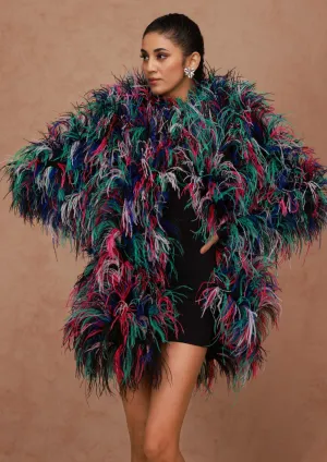 Black Multicolor Feather Peacoat