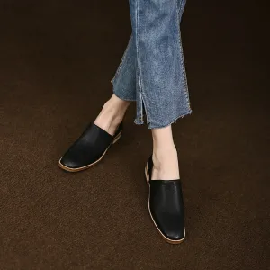 Black Rounded Toe Leather Flats #001056C