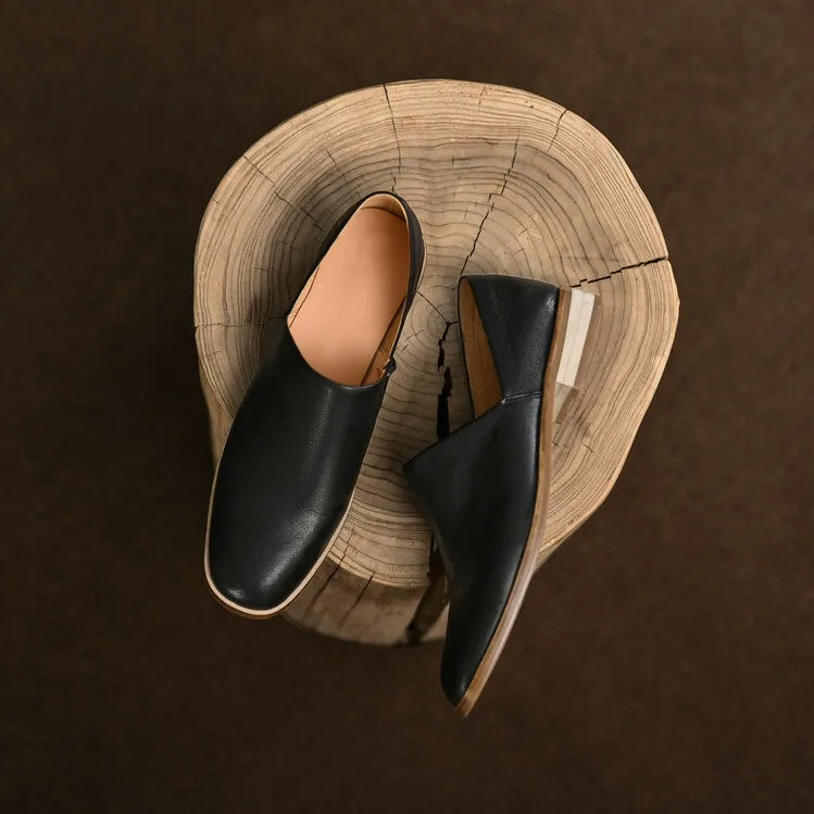 Black Rounded Toe Leather Flats #001056C
