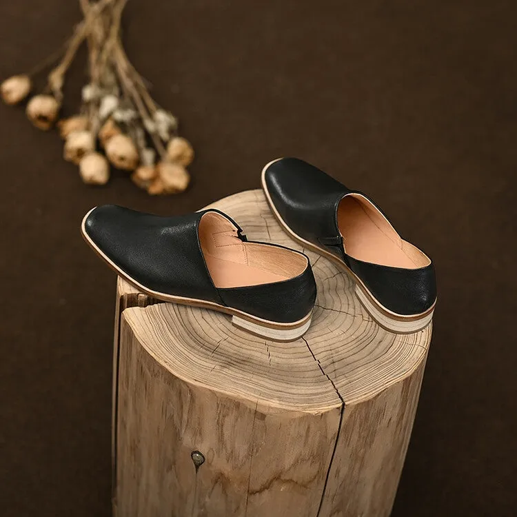 Black Rounded Toe Leather Flats #001056C