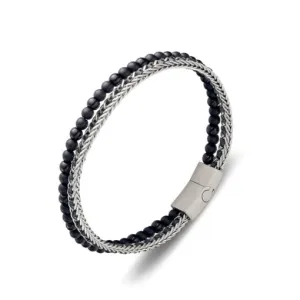 Blaze Stainless Steel Double Strand Leather and Beaded Bangle