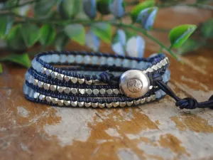 Blue Agate Leather Triple Wrap Bracelet- Silver Om