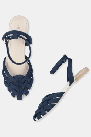 Blue Almond Toe Woven Design Flat-ZFAYE