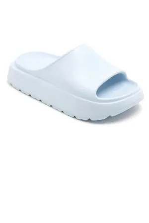 BLUE PLATFORM SLIP ON SLIDES SUMMER SANDALS