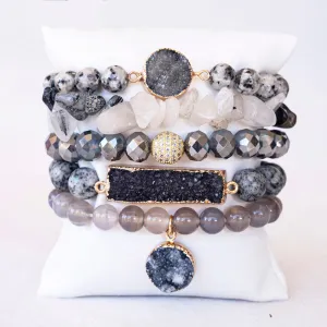 Boho & Mala Grey Mix Stone Elastic Bracelet Stackable Sets BS1040