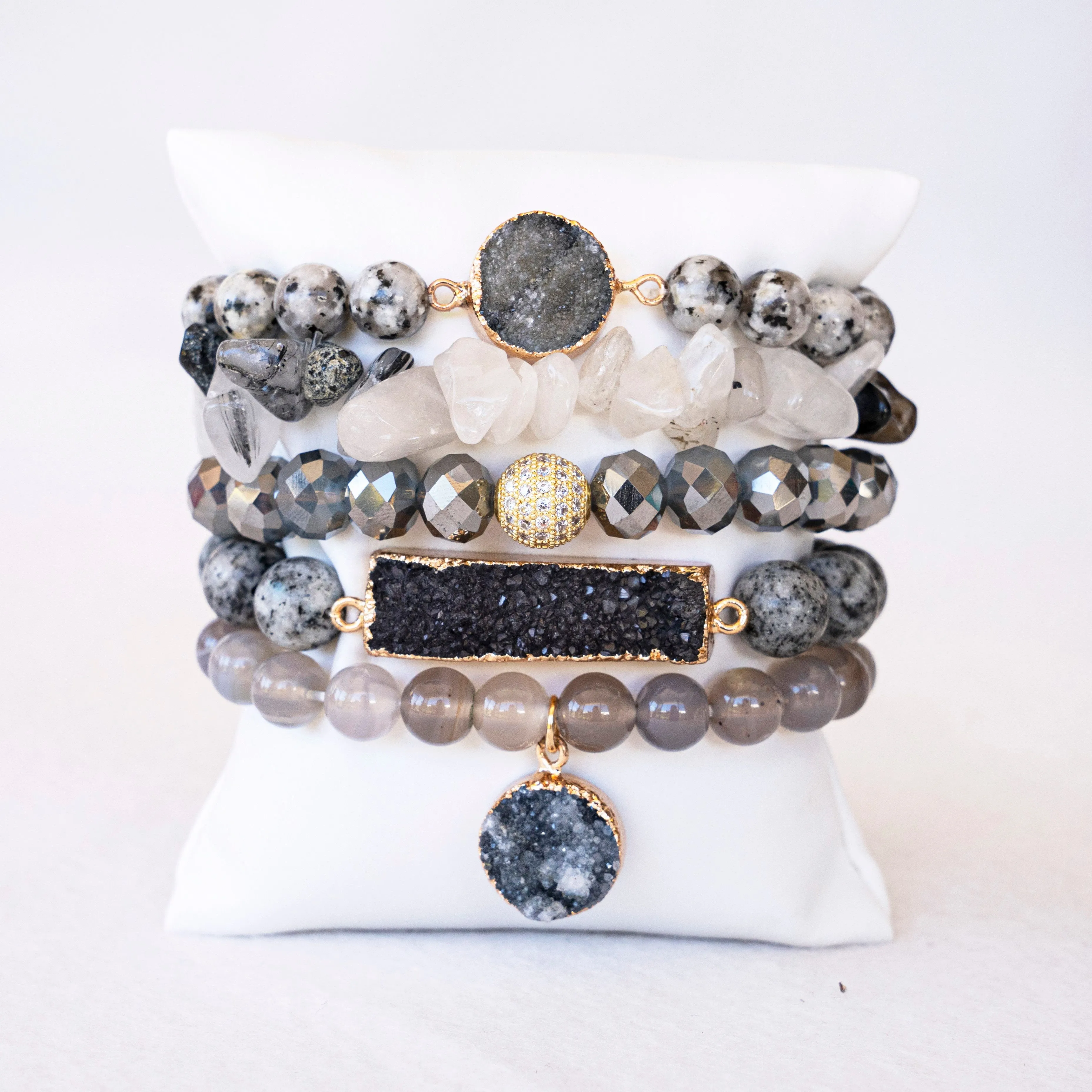 Boho & Mala Grey Mix Stone Elastic Bracelet Stackable Sets BS1040