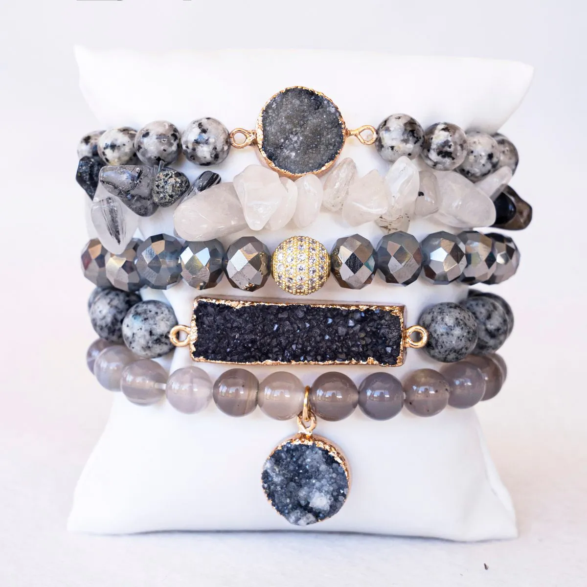 Boho & Mala Grey Mix Stone Elastic Bracelet Stackable Sets BS1040