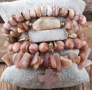 Boho & Mala Pink Stone Mix Elastic Bracelet Stackable Sets BS1003