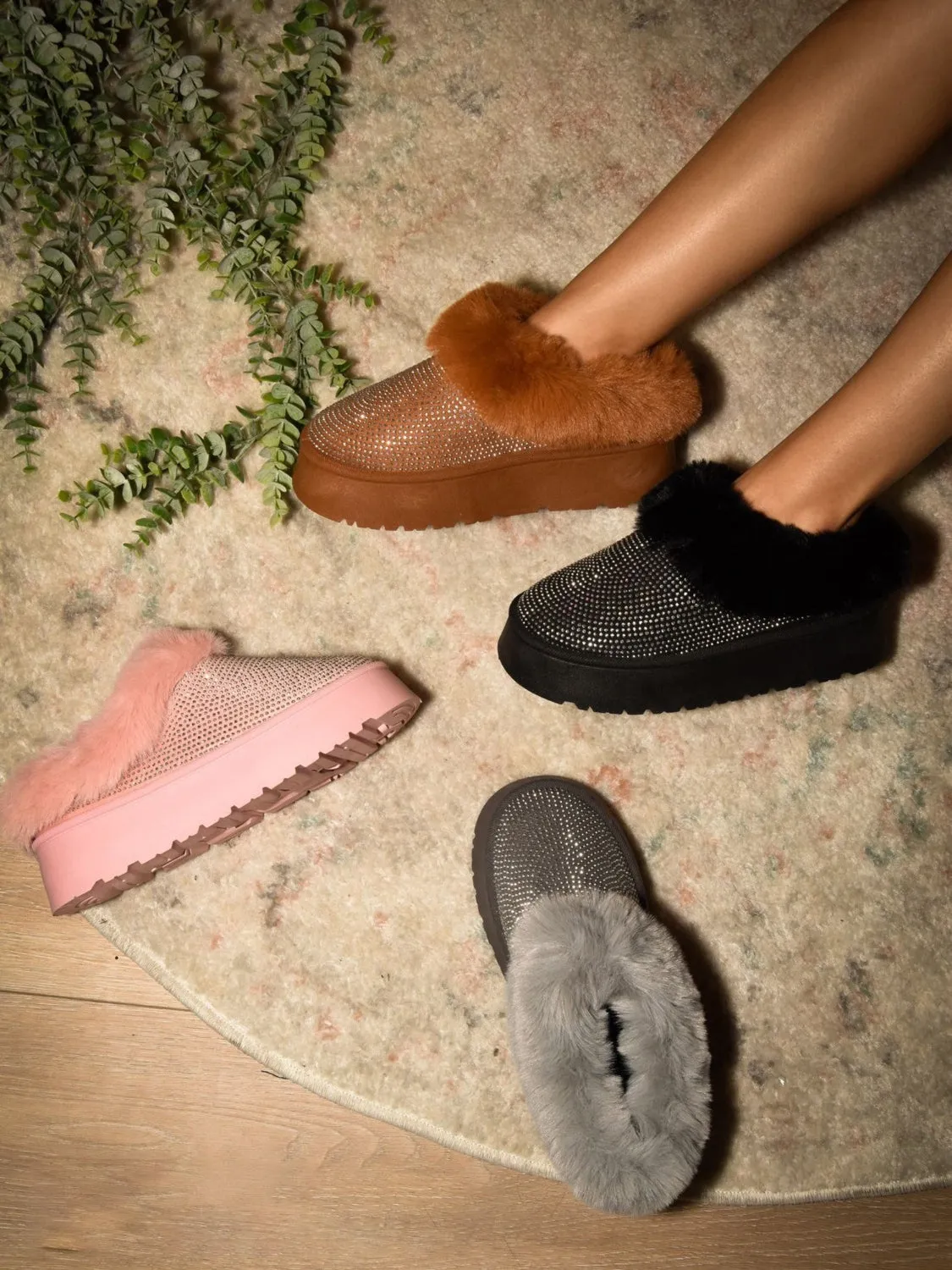 Brown Embellished Faux Fur Platform Booties