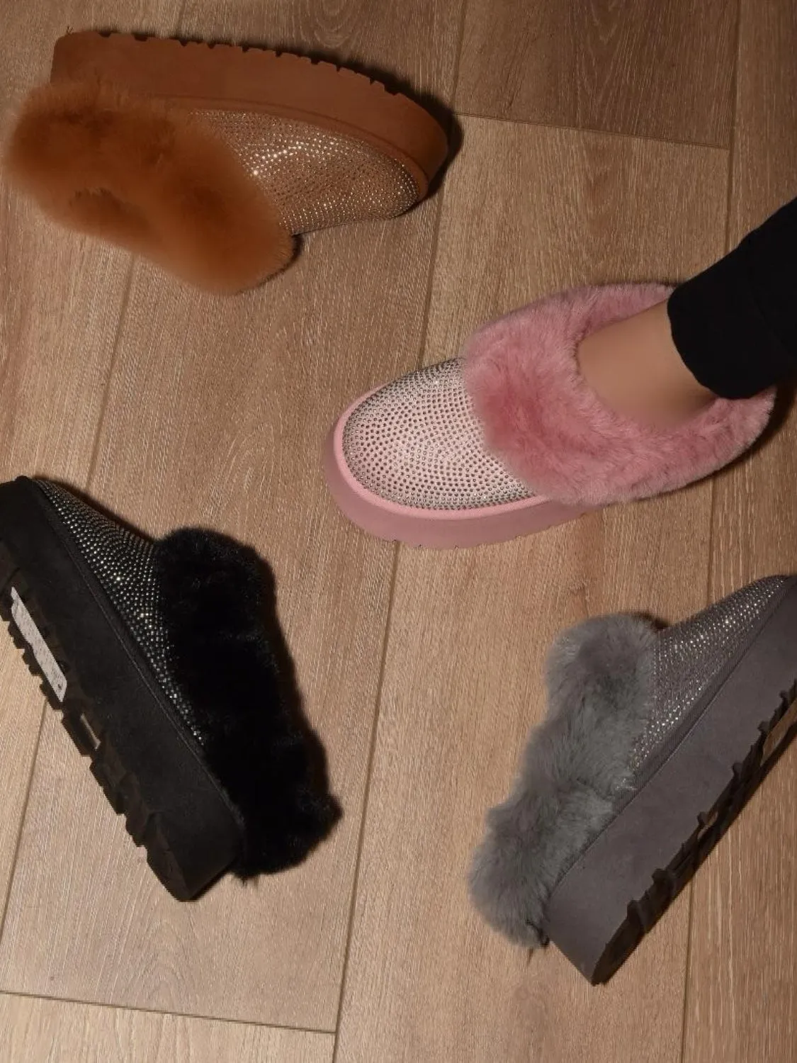 Brown Embellished Faux Fur Platform Booties