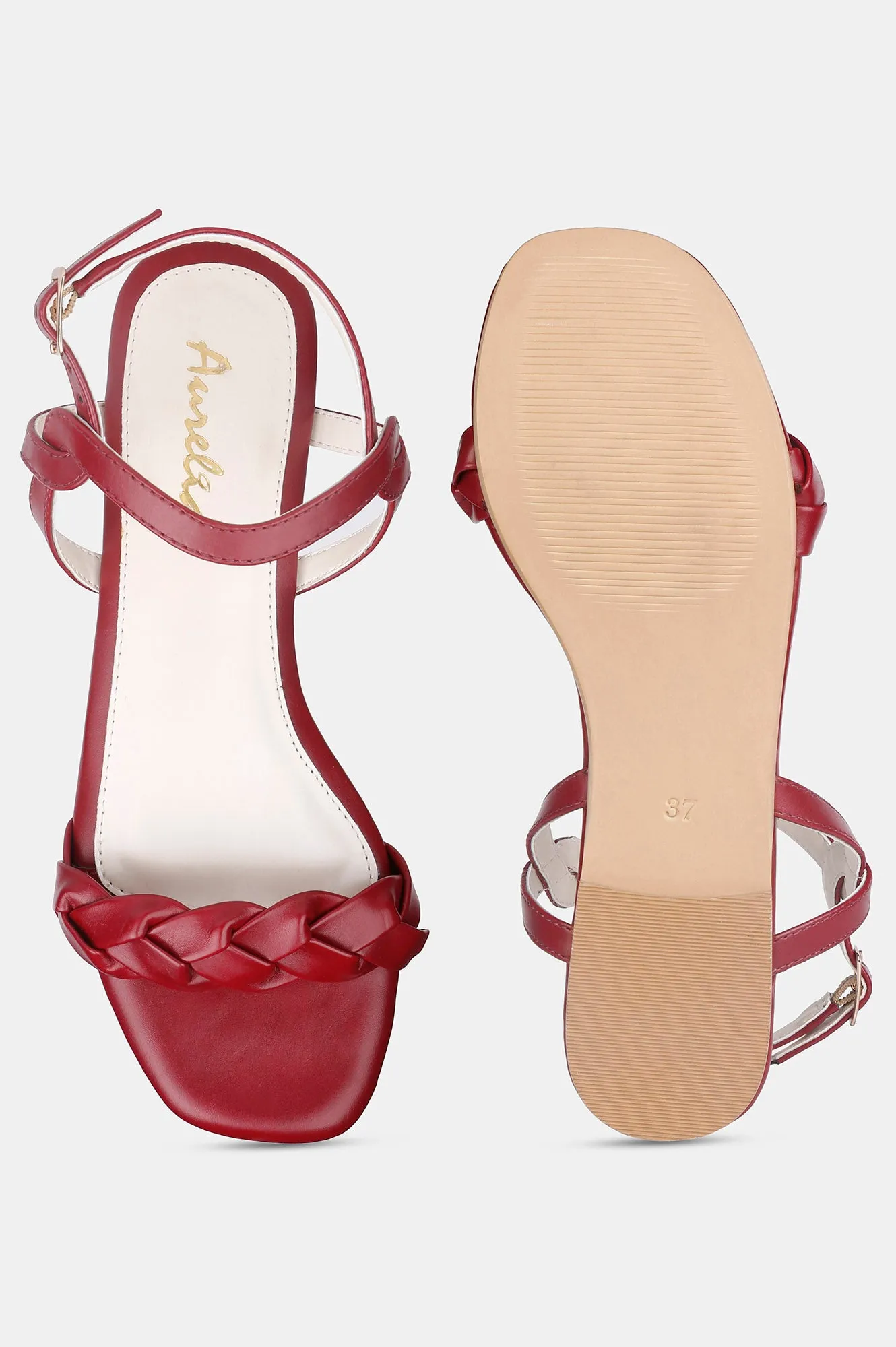 Burgundy Square Toe Woven Design Flat - Zjanice