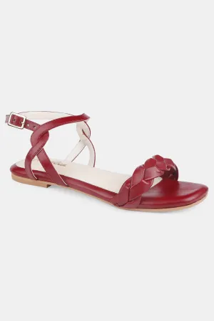 Burgundy Square Toe Woven Design Flat - Zjanice