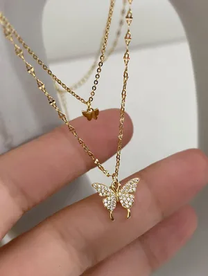 Butterfly Charm Layered Necklace  - Gold