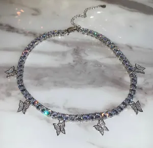 butterfly tennis choker , cz tennis butterfly necklace , bling iced tennis butterfly