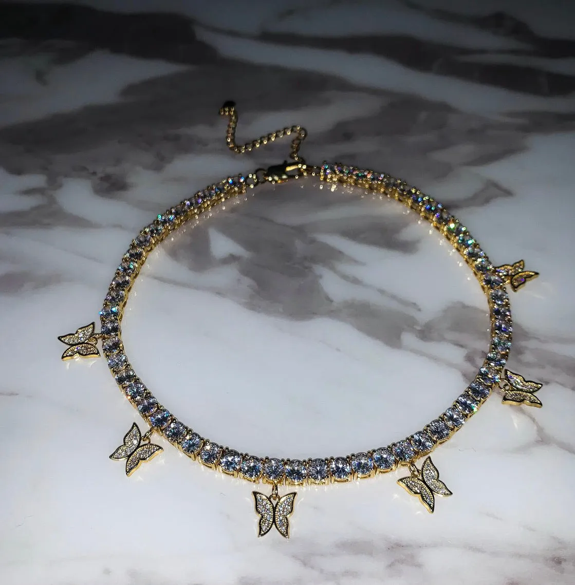 butterfly tennis choker , cz tennis butterfly necklace , bling iced tennis butterfly