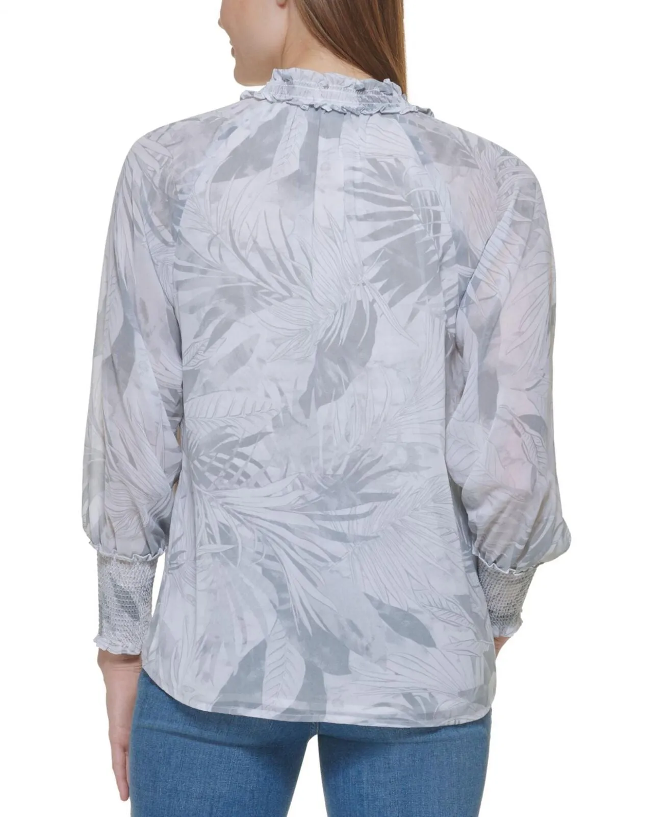 Calvin Klein Womens Long Sleeve Printed Ruffle Collar Blouse M2TAZ691