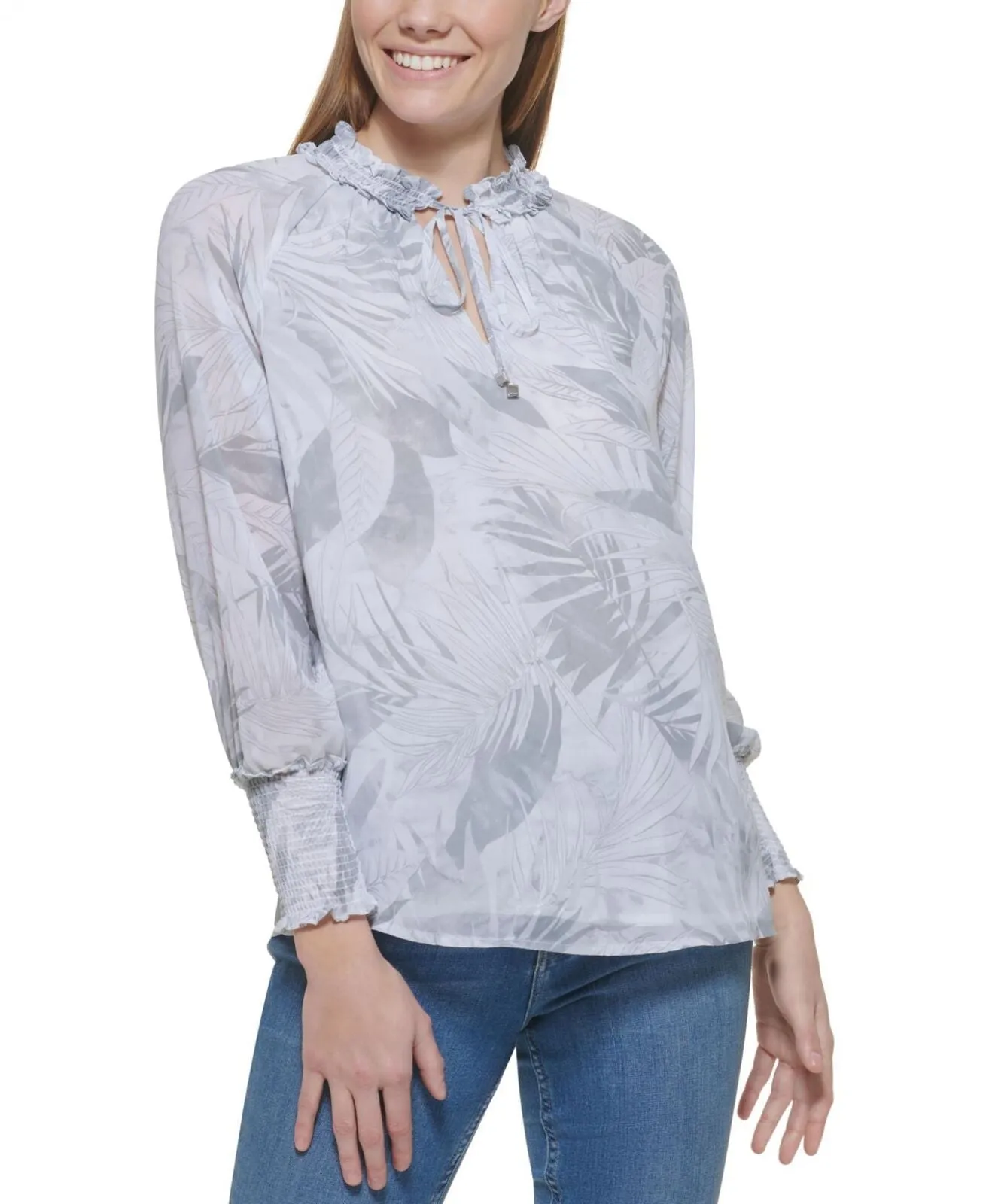 Calvin Klein Womens Long Sleeve Printed Ruffle Collar Blouse M2TAZ691