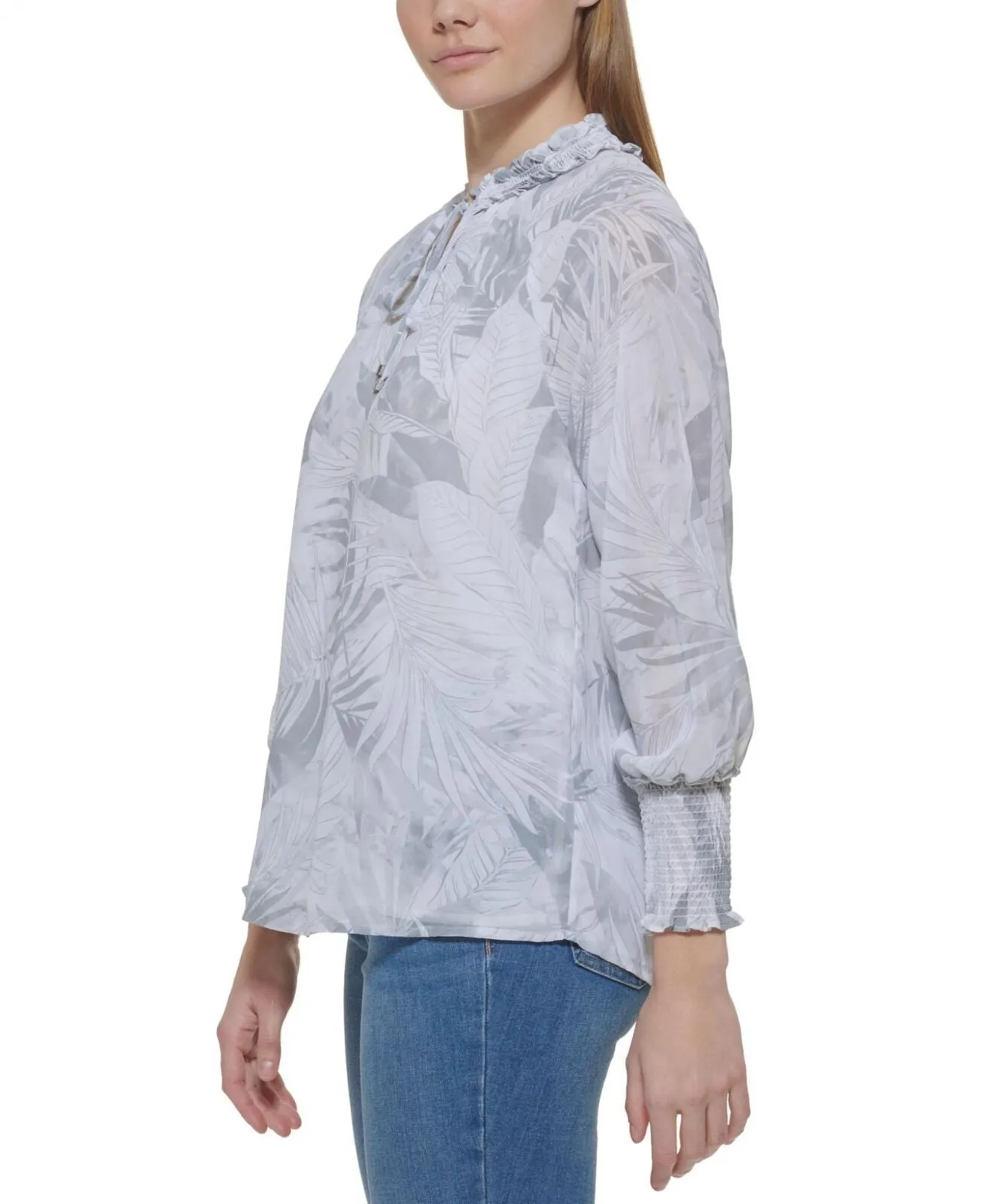 Calvin Klein Womens Long Sleeve Printed Ruffle Collar Blouse M2TAZ691