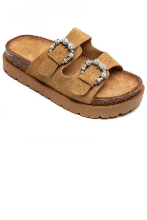 CAMEL DOUBLE STRAP ANTIQUE DIAMANTE BUCKLE PLATFORM SLIDER SANDALS
