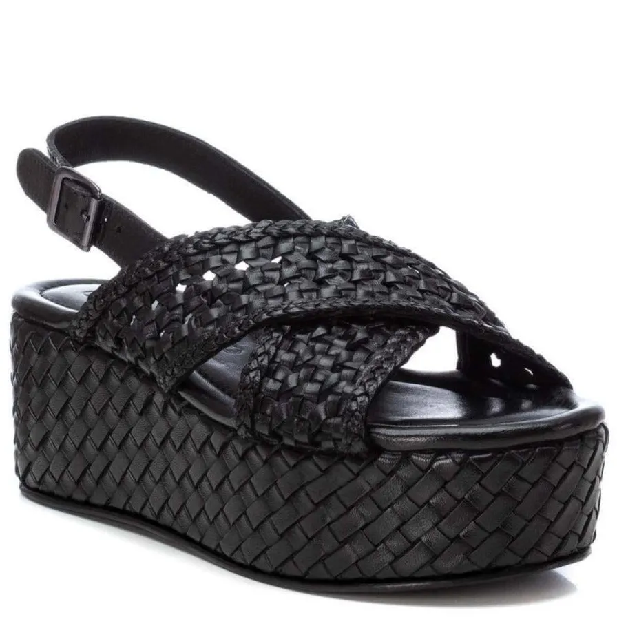 Carmela Black Leather Crossover Flatform Sole Sandals
