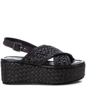 Carmela Black Leather Crossover Flatform Sole Sandals