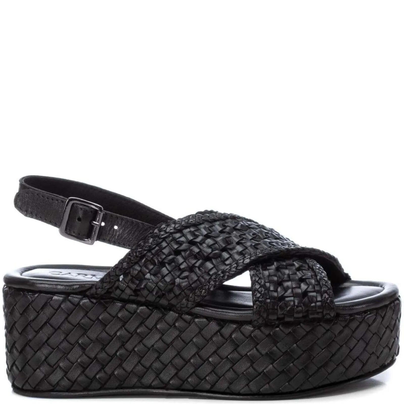 Carmela Black Leather Crossover Flatform Sole Sandals