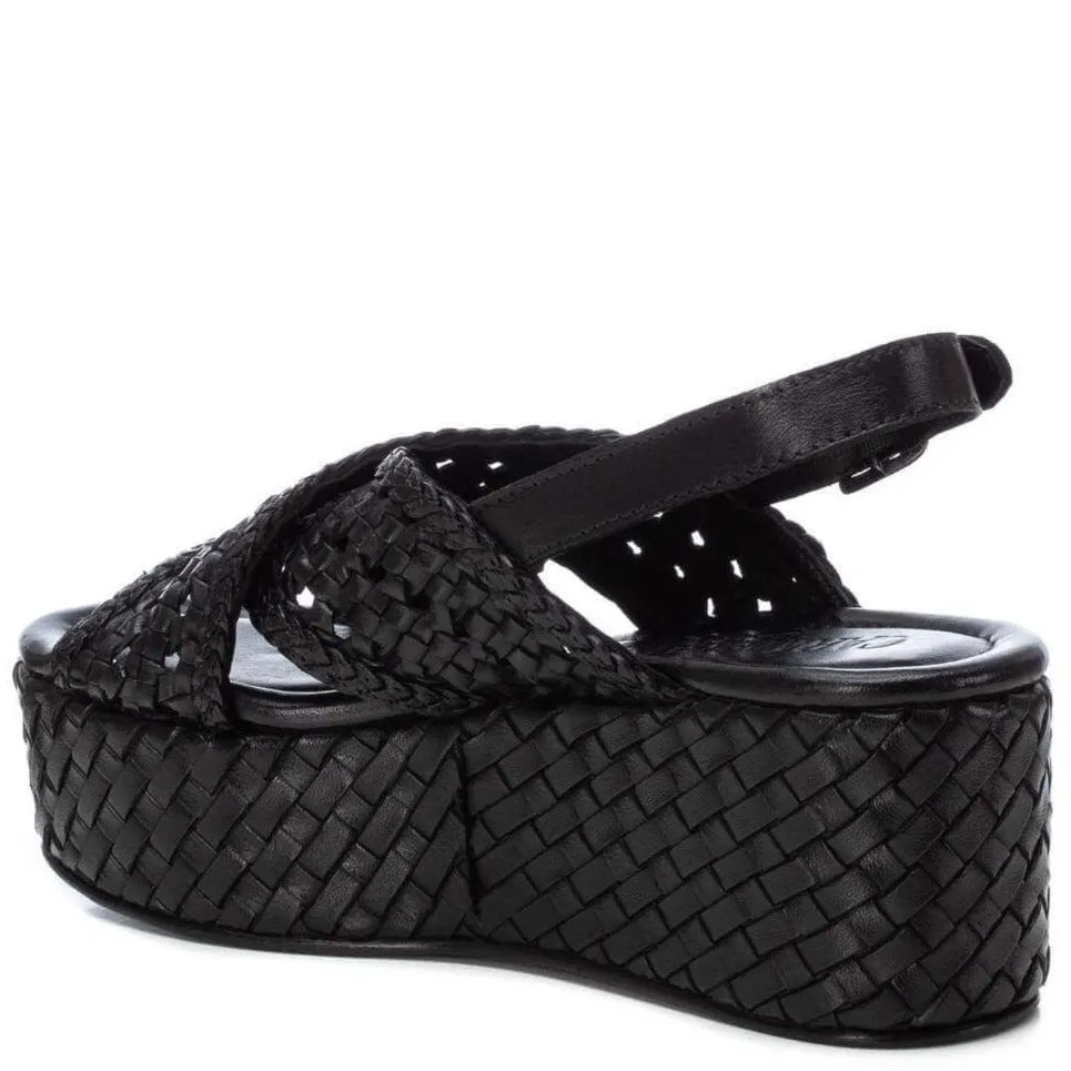 Carmela Black Leather Crossover Flatform Sole Sandals