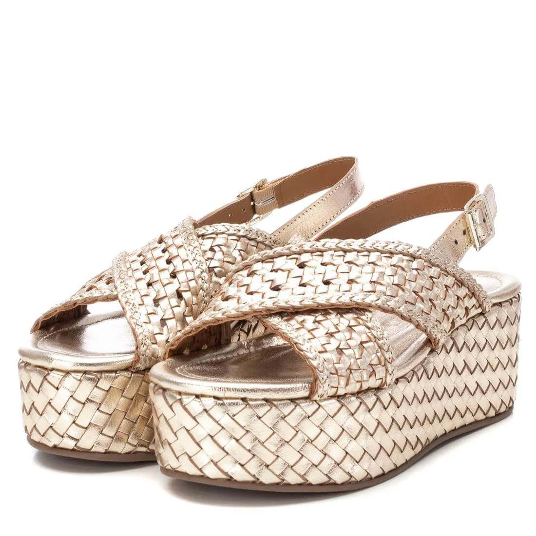 Carmela Gold Leather Crossover Flatform Sole Sandals