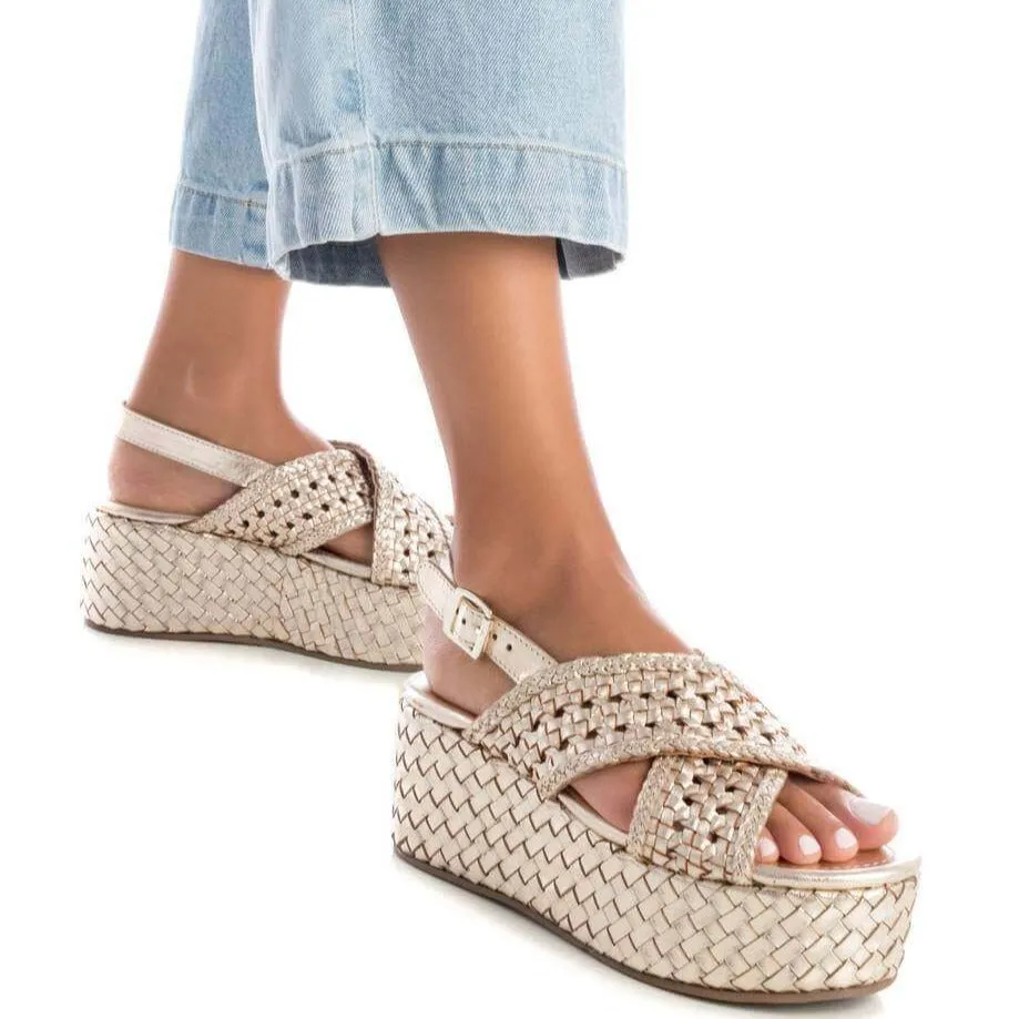 Carmela Gold Leather Crossover Flatform Sole Sandals