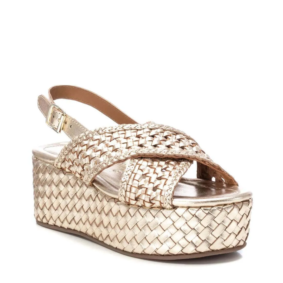 Carmela Gold Leather Crossover Flatform Sole Sandals