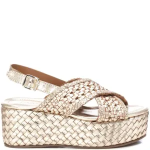 Carmela Gold Leather Crossover Flatform Sole Sandals