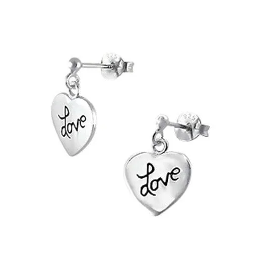 Children's Earrings:  Sterling Silver Dangle Heart Earrings with "Love"