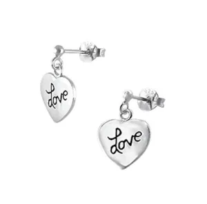 Children's Earrings:  Sterling Silver Dangle Heart Earrings with "Love"