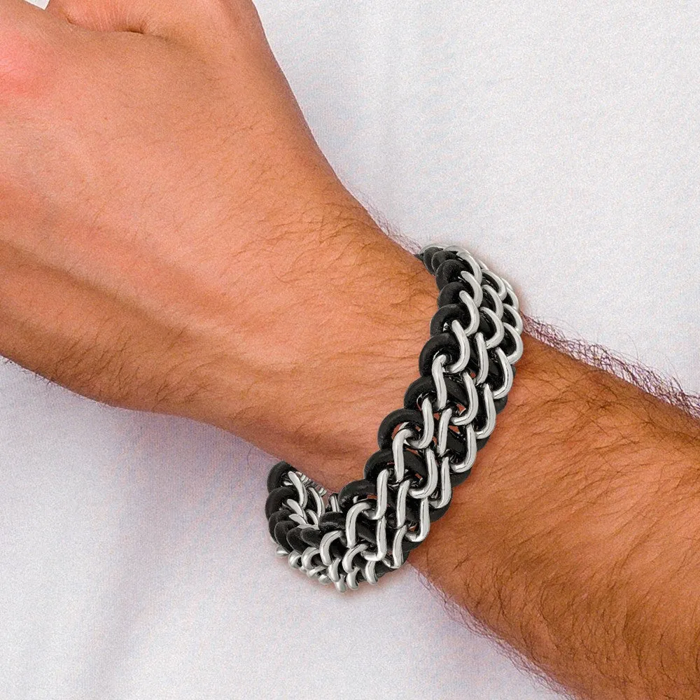 Chisel Stainless Steel Polished Black Leather 8.75 inch Bracelet