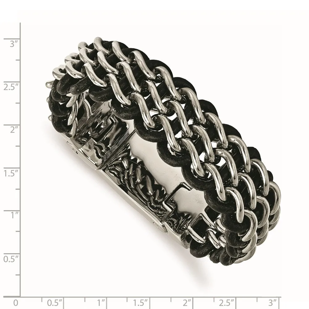 Chisel Stainless Steel Polished Black Leather 8.75 inch Bracelet