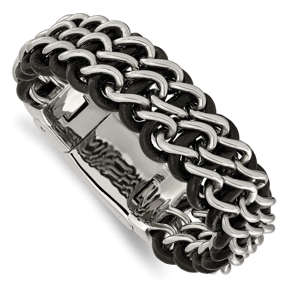 Chisel Stainless Steel Polished Black Leather 8.75 inch Bracelet